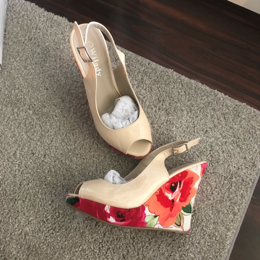 Nude and Floral Wedge Sandals